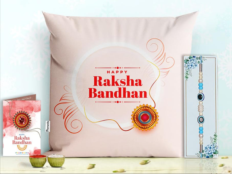 Pillow Rakhi for Brother with Gift - Rakhi with Rakhi Cushion with Filler Greeting Card- Rakhi for Brother, Gifts for Brother, Gifts for Rakhi, Gifts for Rakshabandhan Rakhi Gifts-PC-CU-25