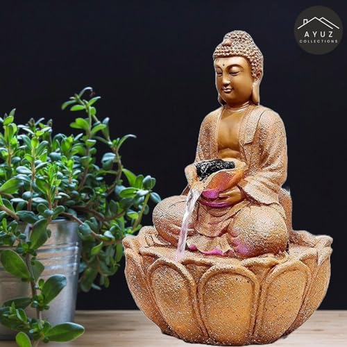 AYUZ Collections Presents Lotus Buddha Water Fountain Tranquil Water Feature with Led Lights,Tabletop Water Fountain for Home, Office, Living Room Decor (Brown) 15.5 Inches