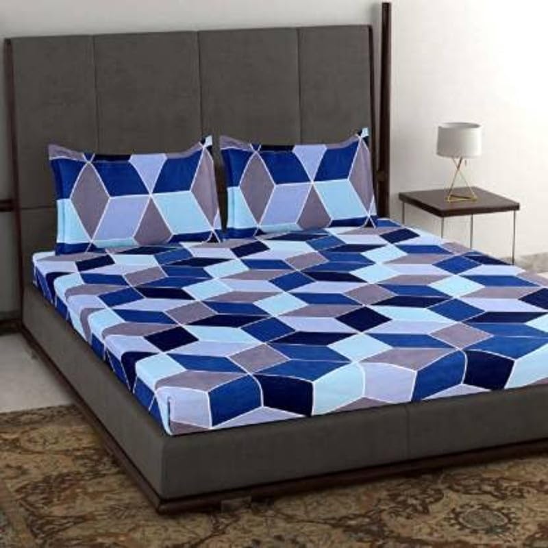 Delight Zone Skin Friendly Ultrasoft Prime Collection King Size Elastic Fitted Double Bedsheet with 2 Pillow Covers (Size 72 x 78 Inch) - Blue Grey Zigzag Gold Fitted2