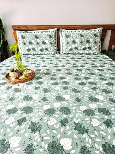 Feels Like Home 180 TC 100% Cotton Double King Size Bedsheet, 1 Bedsheet and 2 Pillow Covers, Block Printed, Uphaar Collection - Green Floral Print,95 x 108 Inch