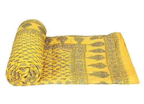 THROW KING Rajasthani Jaipuri Pure Organic Cotton Dabu/Floral Printed Skin Friendly Single Bed Jaipuri Razai/Rajai/Quilt/Blanket/Dohar(Yellow/Pink) Set of 2