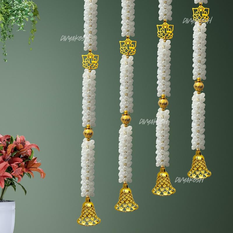 Divyakosh White Mogra Flower Ganeshji and Bells Wall Hanging Pack of 4 Strings, Artificial Flower Latkan for Temple, Festival-Diwali/Ganpati Pooja Door Decor - 3.5 Feet