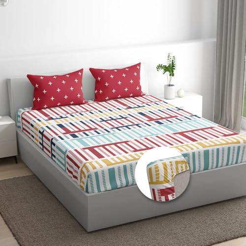 100% Cotton 152 TC Fitted Bedsheet with 2 Pillow Covers | ColorPlay King, 72" x 70", ColorPlay| 1.83m x 1.78m