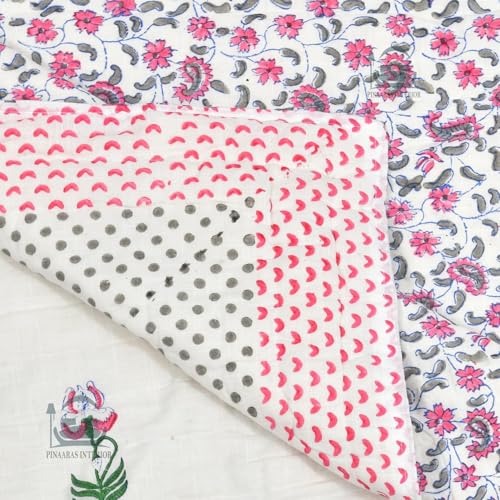 AARMOZY Cotton Jaipuri Razai Single Bed Hand Block Floral Buta Bail Print Quilt Blanket - Pink (Single Bed A)