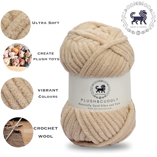 NESTNHAVEN, Wool, Plush & Cuddly, Chenille Yarn Supersoft Hand Knitting Wool Ball, (1 Ball/100 Gram Each) Ball Suitable for Craft, Babywear, Baby Blankets, 5 Bulky, Shade no - NNHB062 (Beige)