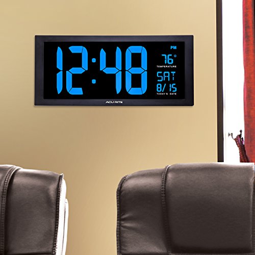 AcuRite 76100M Oversized LED Clock with Indoor Temperature, Date and Fold-Out Stand, 18-inch, Blue