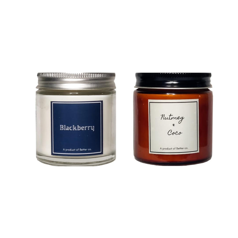 Better co Scented Soy Wax Amber Jar Candle Organic Luxury Aroma Burning Time Upto 20 Hours. Combo Pack of BlackBerry and Nutmeg + Coco.