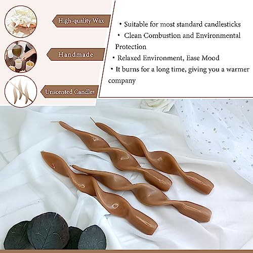 Brown Spiral Taper Candles Sticks - 4 PCS Unscented Taper Candlesticks 9 inch Dinner Candle for Home Decor, Relaxation & All Occasions