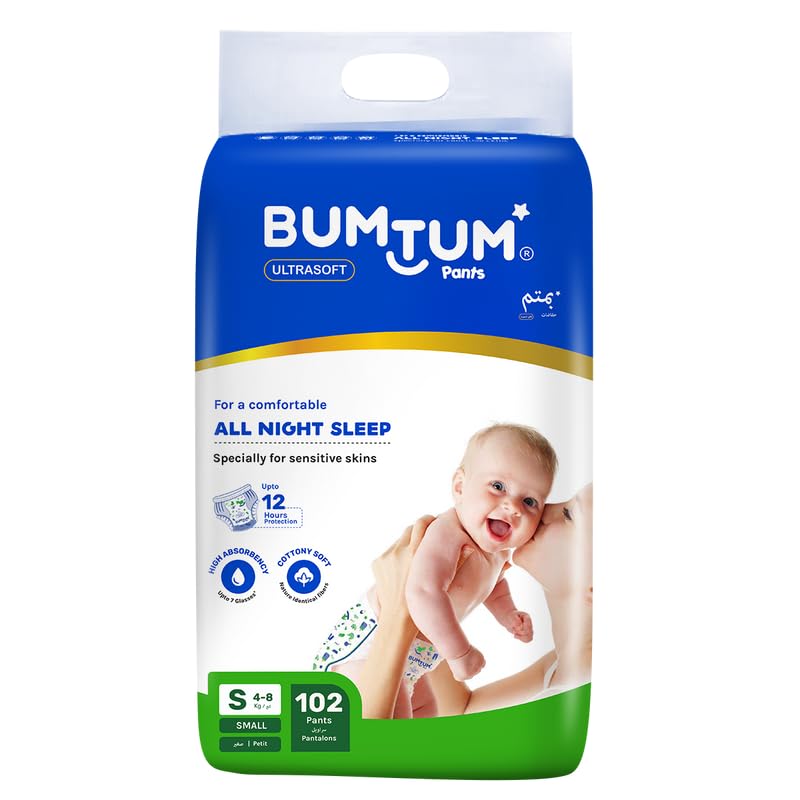 Bumtum Baby Diaper Pants, Small/S Size, 102 Count, Double Layer Leakage Protection Infused With Aloe Vera, Cottony Soft High Absorb Technology