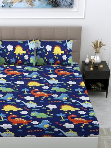 FABINALIV Blue Cartoon Print Cotton Blend 300 TC Premium King Size Bedsheet for Double Bed (250 x 225 CM) with 2 Pillow Covers Set (70 x 45 CM) | Designer Printed Double Bedsheet Set (FLEBS-1211-Blue)