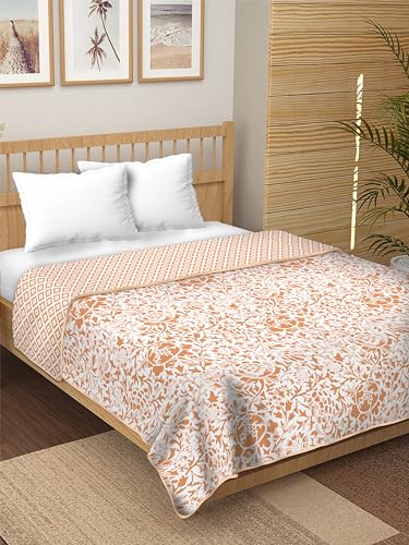 Dream Dwell 100% Pure Cotton Reversible Dohar/AC Blanket for Double Bed |All Weather Light Weight | Floral Print, Orange and White- Pack of 1