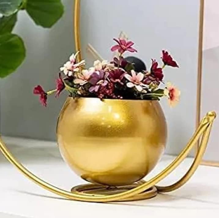 Afiya Impex Metal Flower Vase with Gold Finish | Geometric Half Moon Design Flower Pot Stand | Table Top Decorative Flower Pot | Gold Metal Flower Vase for Home and Office Side Table Decoration