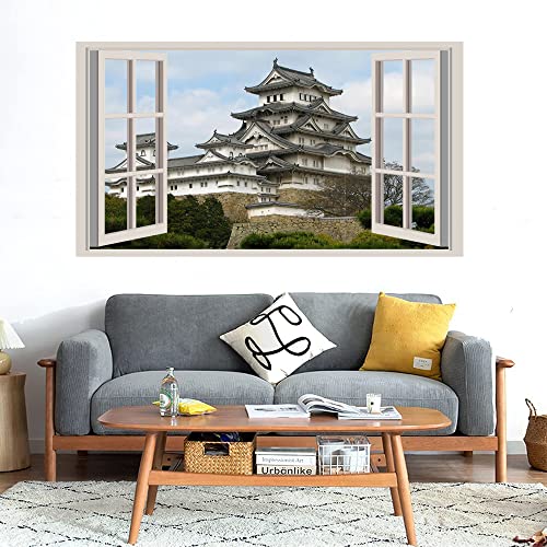 GADGETS WRAP Printed Wall Decal Sticker Fake Window Style Decal (90cm x 50cm) - White Grey Castle