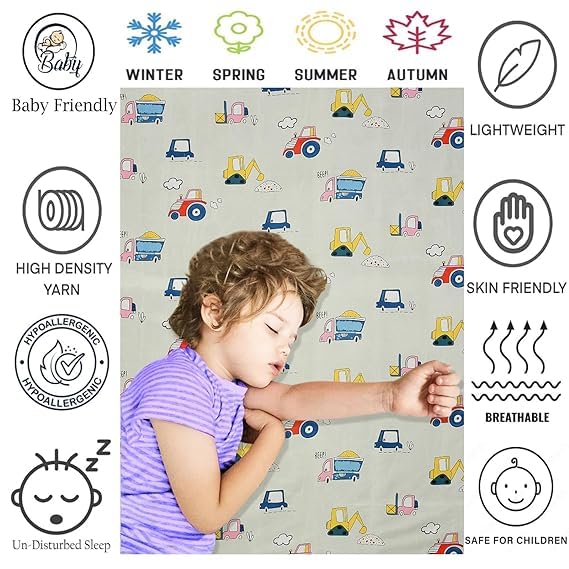 Innovative Edge Glace Cotton Cartoon Printed Flat Single Bedsheet for Kids with 1 Pillow Cover Size 60x90 Grey Car