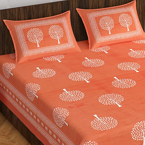 The Trendy Mart Cotton Double Bedsheet Jaipuri/Sanganeri Printed Bedsheets with Pillow Cover, Orange Tree