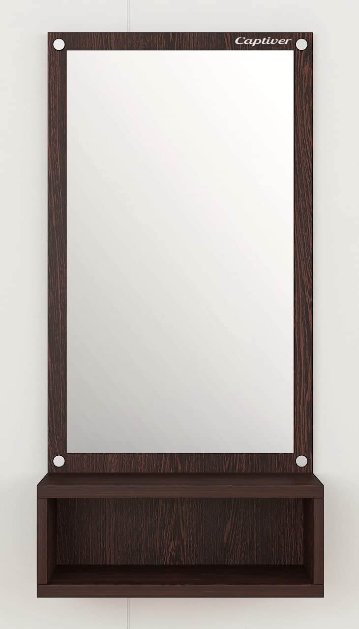 Captiver Engineered Wood Frameless Wall Mounted Mirror with 1 Storage Box (Matte Finish Wenge) Bathroom Bedroom Living Room Stand