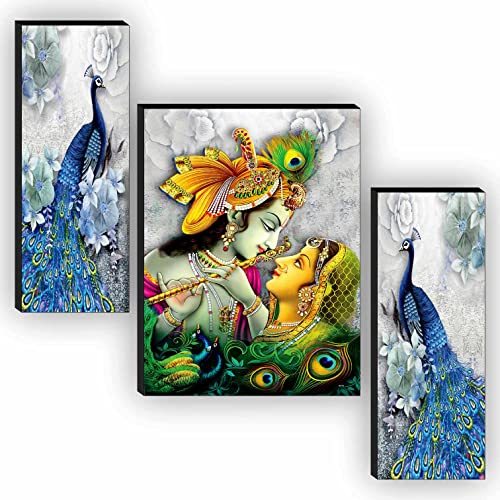 SAF Religious Radhe Krishna UV Textured Painting& SAF Radha Krishna with Couple Peacock Religious Painting (Set of 3, 18 Inch X 12 Inch, SANFJM31084- Multicolour)