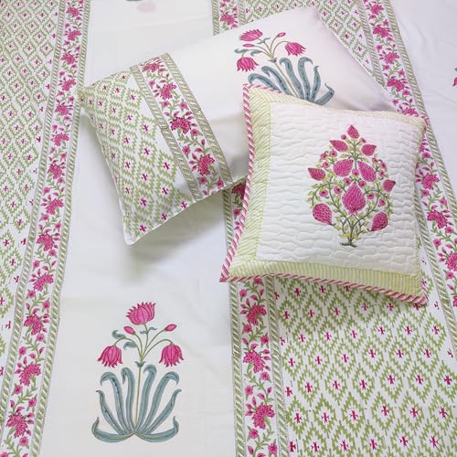 House of Harman I 350 TC 100% Pure Organic Cotton Bedsheet with 2 Matching Pillow Covers I Hand Block Printed I Natural Vegetable Dyes (Majestic Lotus Paradise Bedsheet) (Super King- 108*108 inches)