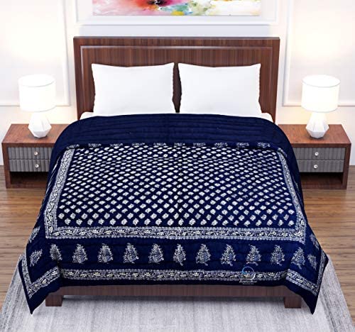 LushHavenDecor 210 TC Single Bed Jaipuri Razai Pure Cotton Jaipuri rajai Ac Quilt for Winter and Summer Soft Light Weight Rajasthani Traditional Cotton Comforter 55 x 85 inch Blue Pack of 1