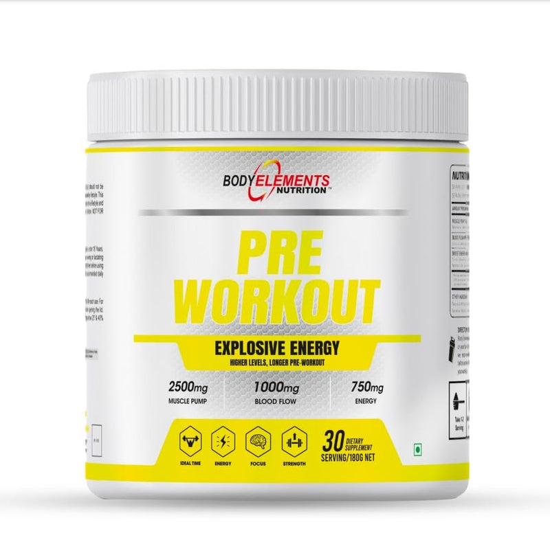 Body Elements Nutrition || Pre Workout Supplement Powder - 180g, Fruit Punch | 300mg Caffeine, 1000mg L-Arginine, 3000mg Beta Alanine Muscle Pump & Performance | For Men & Women