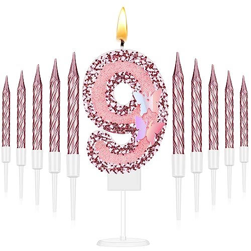 2.75" Large Pink Glitter Happy Birthday Candles Girls Number Candles for Birthday Cakes Sequin Numeral Princess Candle Number Birthday Cake Topper with 10 Long Thin Cupcake Candle for Party (Number 9)