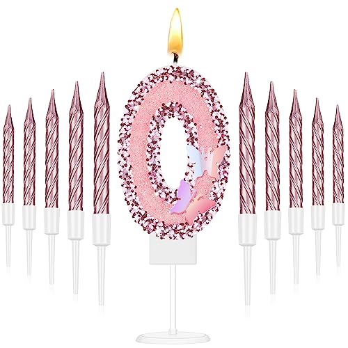 2.75" Large Pink Glitter Happy Birthday Candles Girls Number Candles for Birthday Cakes Sequin Numeral Princess Candle Number Birthday Cake Topper with 10 Long Thin Cupcake Candle for Party (Number 0)