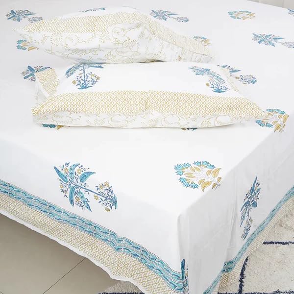 THE JAIPUR WALA Premium Hand Block Printed Pure Cotton Bedsheet-Set King Size (Palm)