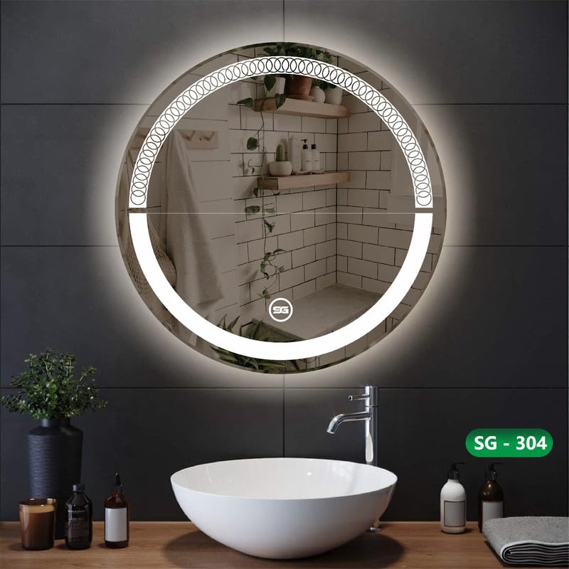 Spark Glass Round LED Sensor Mirror. (LedColour: White, Warm White, & Mix Light) - (Size:24x24 Inch)