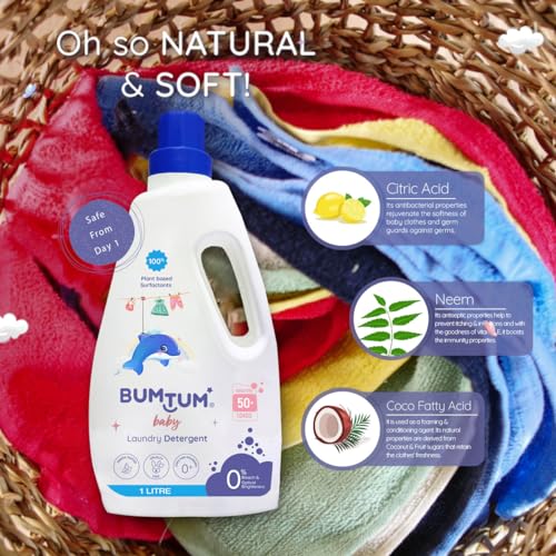 Bumtum Baby Liquid Laundry Detergent 1 Litre, 100% Natural Plant Based, Safe and Gentle with Lemon and Neem Extracts, Anti-Bacterial, Natural Fragrance, Bleach & Brighteners Free