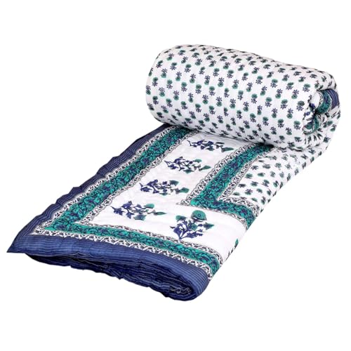 fashhub Rajasthani Traditional Cotton and Microfiber Jaipuri razai ac Blanket booti Print with Boarded Design Single Bed Reversible (Both Sided) Jaipuri Quilt 55 x 85 inch - Blue