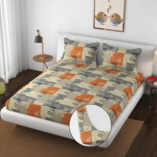 DELFRIK Premium Cotton 350 TC Elastic Fitted Bedsheets with 2 Pillow Covers | Double King Bed with All Around Elastic Wrinklefree Supersoft |Size-78 x72+10 inches | :- Orange Grey Leaf Box