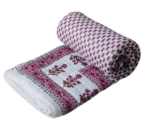 LOARSHY Pure Cotton Floral Printed Quilt | Lightweight and Warm Jaipuri Rajasthani Double Bed Razai | Soft Blanket/Razai for Winters | Beautiful Gift Item (Pink, 87x105 Inch)