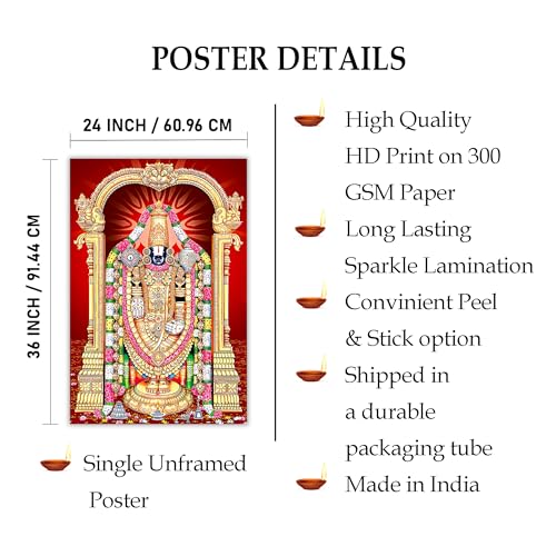 Indianara Rolled Sparkled Lord Tirupati Balaji Art Print for Room Décor Digital Reprint 36 inch x 24 inch Painting (10774PST)