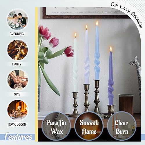 FLAMMUL Tapered Candles Colorful Candlesticks - Twisted Candlesticks 4PCS Spiral Candle Sticks 9.5 Inch Gradient Blue Candlesticks for Home Decor Weddings