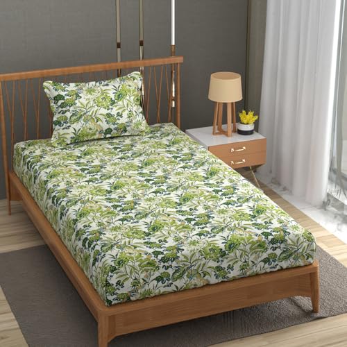 AMAZING HOME DECORATE AHD Cotton Feel Fitted Bedsheet with Elastic All Around and 1 Pillow Cover, Single Bed Size, Printed Design (Green Grass)