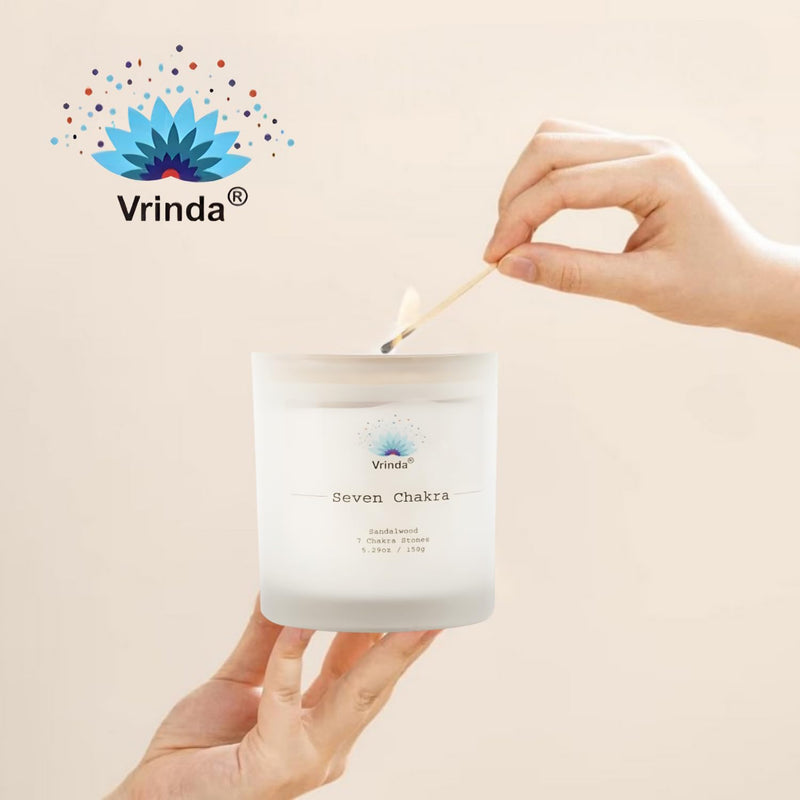 Vrinda® 7 Chakra Glass Scented Candle with Crystals, Soy Blend. Approx. 5.29Oz