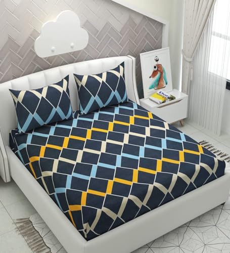 YaAkholic Cotton Feel All Around Elastic Fitted Queen Size Double Bed Bedsheet with 2 Large Pillow Covers Fits Upto Mattress of 8 Inches, Size-72"x78" Inches, Navy Box, 180-200 tc