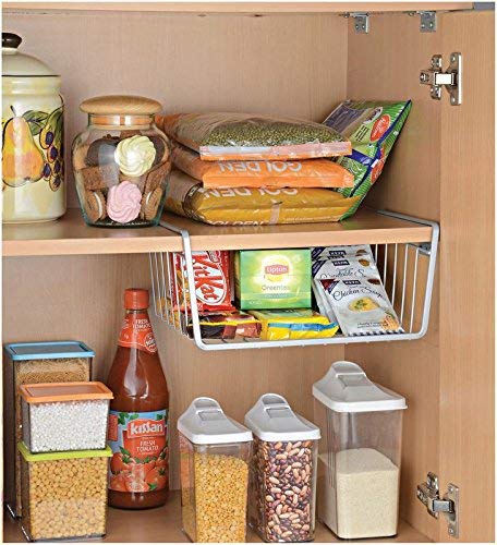 Go Hooked Multipurpose Under Shelf Basket/Coated Iron Under Cabinet Storage Organizer Rack Shelf/Under shelf Organizer Rack For Kitchen, Bedroom (Combo, Pack of 3) (1 Pc - 12" & 2 Pcs - 16") (Silver)