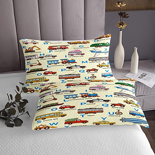 Feelyou Cartoon Car Print Bed Sheet Set Excavator Bedding Set Alphabet Pattern Fitted Sheet Police Car Flat Sheet for Kids Boys Girls Adults 4Pcs with 2 Pillow Case Full Size