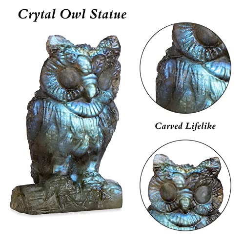 Artistone 2.0" Labradorite Owl, Hand Carved Gemstone Fine Art Sculpture, Reiki Healing Stone Statue,for Home and Office Decor