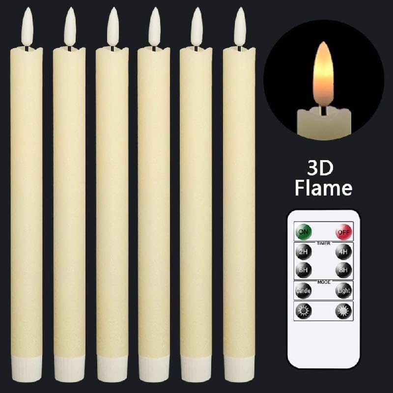 Ansawi Flameless Ivory Taper Candles Flickering with 10-Key Remote, Battery Operated Led Warm 3D Wick Light Window Candles Real Wax Pack of 6, Christmas Home Wedding Decor(0.78 X 9.64 Inch)