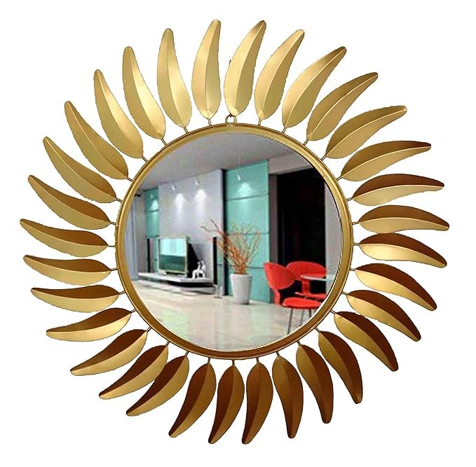 AlinaHandicraft Craft Home Decor Living and Drawing Room Round 3D Designer Mild Steel Golden Leaf Wall Mirror 28 x 28 Inch