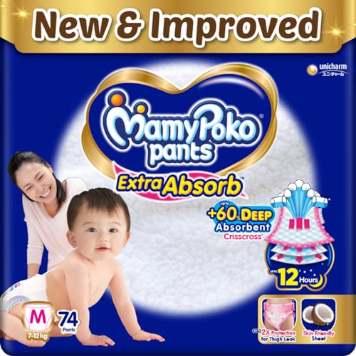 MamyPoko Pants Extra Absorb Baby Diapers, Medium (M), 74 Count, 7-12kg