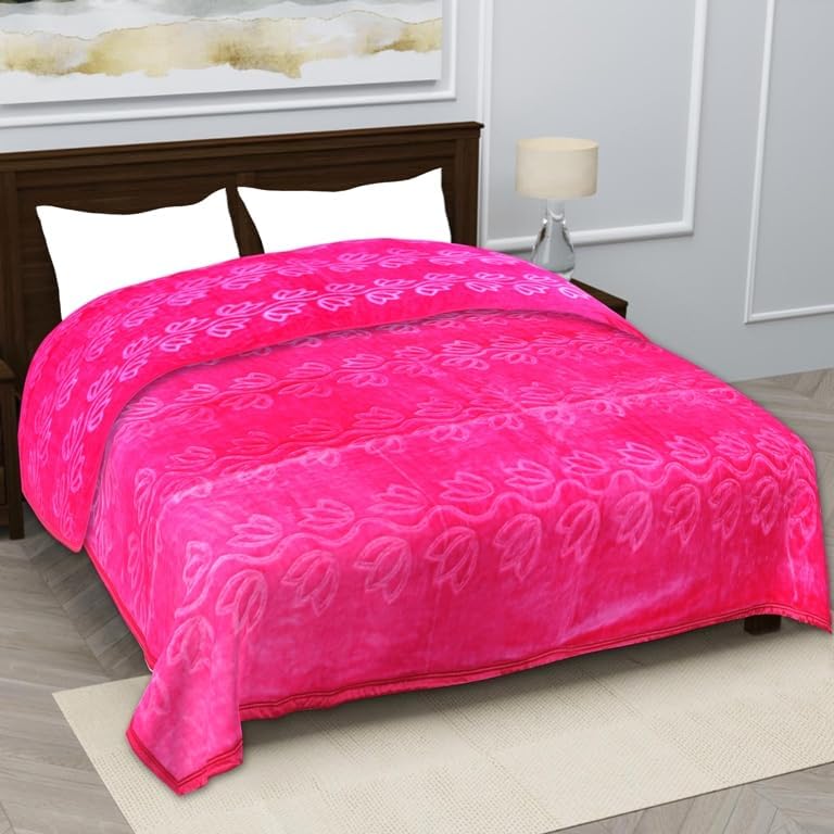 JGD Mink Floral Embossed Super Soft Heavy Bed Velvet for Winter Blanket Quilt Rajai (Pink, Double)