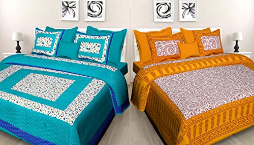 BedZone 100% Cotton Rajasthani Bedsheet Combo for Double Bed Traditional 2 Double Bedsheet with 4 Pillow Cover - Summer-36