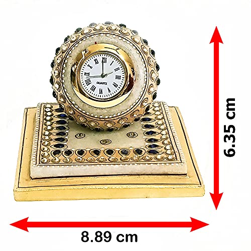 Handicraft Kingdom White Marble Table Clock with Ganesh Chowki | Ethnic Design Gold Painted Handmade Round Beautiful Meenakari Work Plate Watch| Approx Size (3.5 Inch) & Wt (600 Gm) Pack of 4