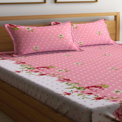 YaAkholic 220 TC Elastic Fitted Double King Size Bed Cotton Bedsheets with 2 Pillow Covers - King Size 78" x 72" Lruxurious Bedding Set for Ultimate Comfort and Style (Pink)