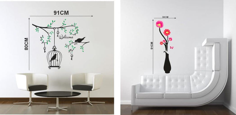 Delight Art Tree-Birds-Hanging Cage-Pot Flower Design Wall Sticker Size - ( 95*58 ) cm Model id - ( DAMC00811L )