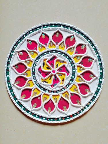 Home Decor Wall Hanging Lippan Art, Red and Yellow Floral Design, 3D Mirror Work, Traditional Indian Art, 12 inch Diameter