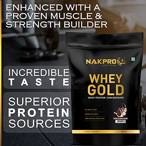 NAKPRO Gold Whey Protein Concentrate | 25.46g Protein, 5.57g BCAA | Muscle Gain, Strength, Muscle Recovery, Fast Absorbing Protein Supplement Powder (1 Kg, Cookies & Cream)